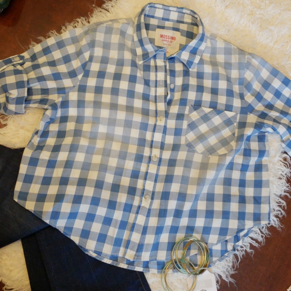 Blue Check Crop Button Up